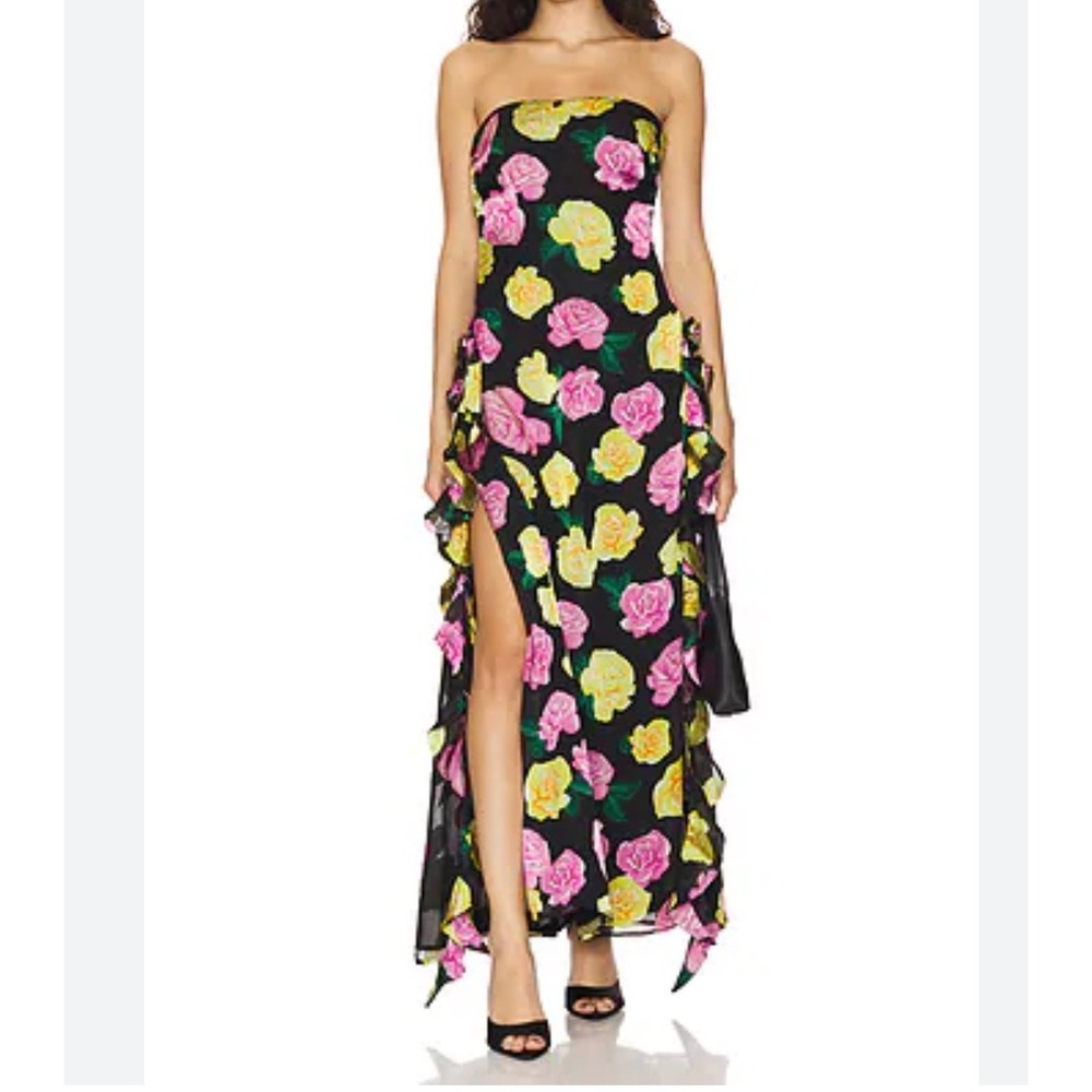 For Love & Lemons Madison Maxi Dress sz S Black Floral Rosette cocktail frilly